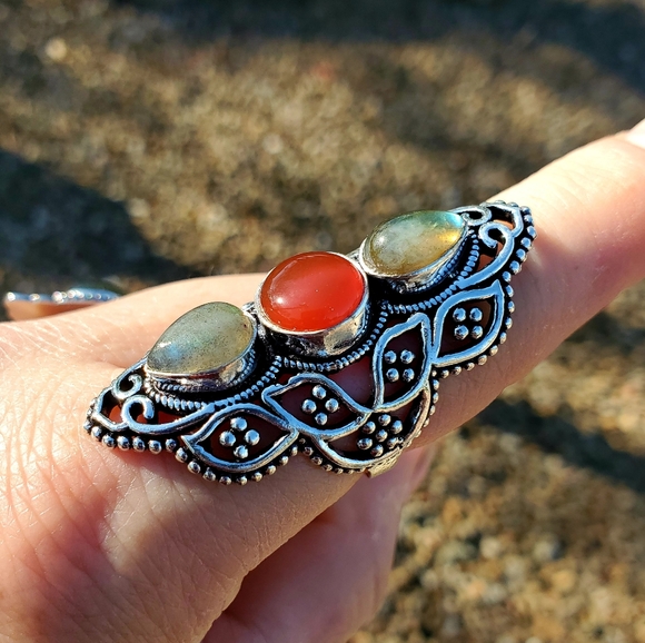 New Amazing Labradorite & Carnelian 925 Silver Ring. - Picture 10 of 12